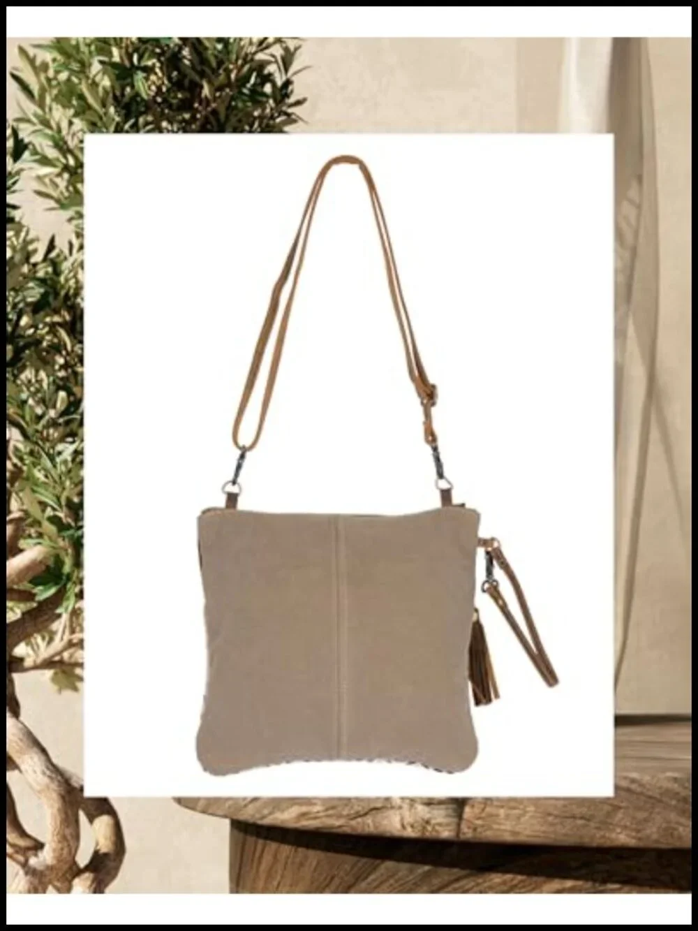 Boho Aztec Canvas Crossbody Bag with Real Leather Detailing